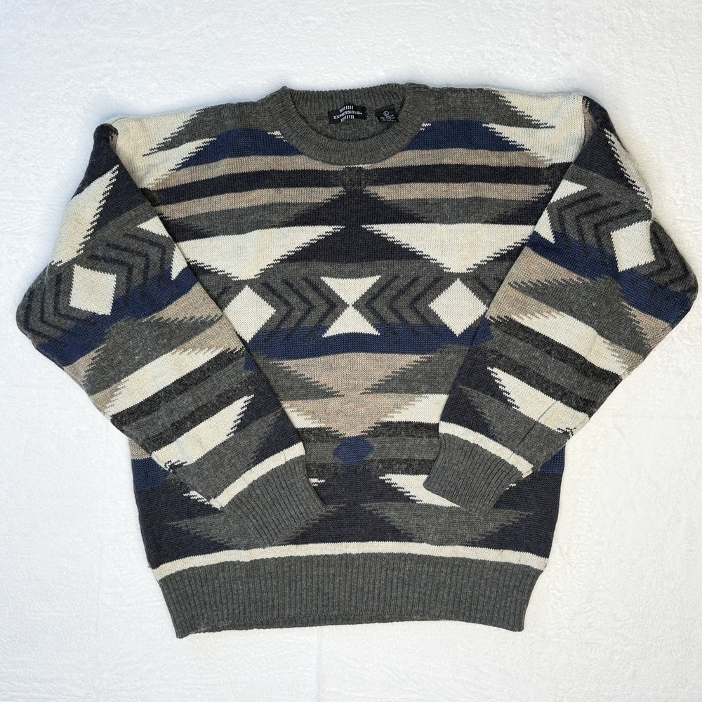 VTG Expressions Southwestern Aztec Wool Blend Sweater Mens Large Gray Blue‎ Tan